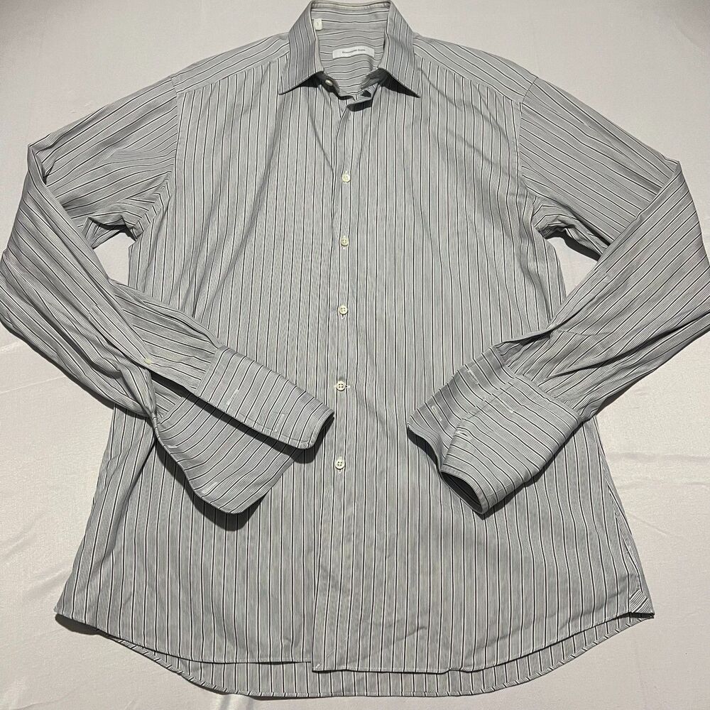 Ermenegildo Zegna Men's Gray Striped French Cuff Dress Shirt L Made in Spain